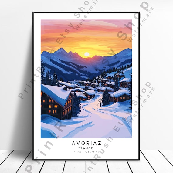 Avoriaz France Ski Village Sunset Alps Minimalist Travel Poster