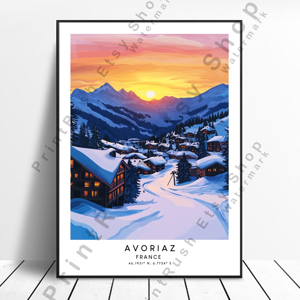 Avoriaz France Ski Village Sunset Alps Minimalist Travel Poster