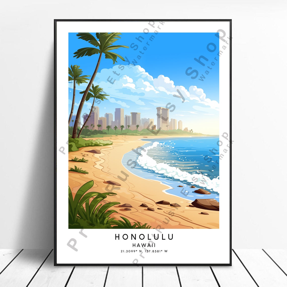 Honolulu Hawaii Beach Waikiki Palms Surf City Skyline Travel Poster
