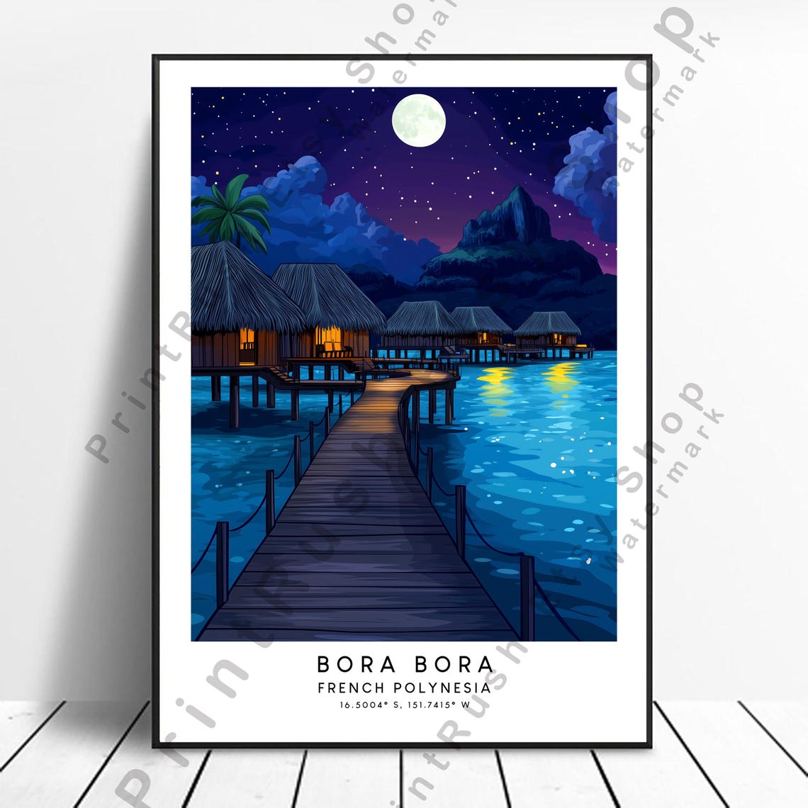 Bora Bora Night Moon Overwater Bungalows Tropical Lagoon Travel Poster