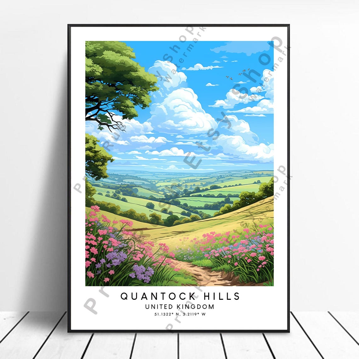Quantock Hills England Wildflower Path Rolling Hills Travel Poster