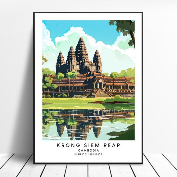 Cambodia Travel Print Colourful Angkor Wat Poster Krong Siem Reap Minimalist Wall Art Gift
