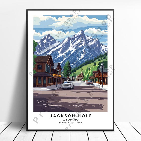 Wyoming Travel Print Jackson Hole Poster Wall Hanging Art Colourful Home Dcor Illustration Gift