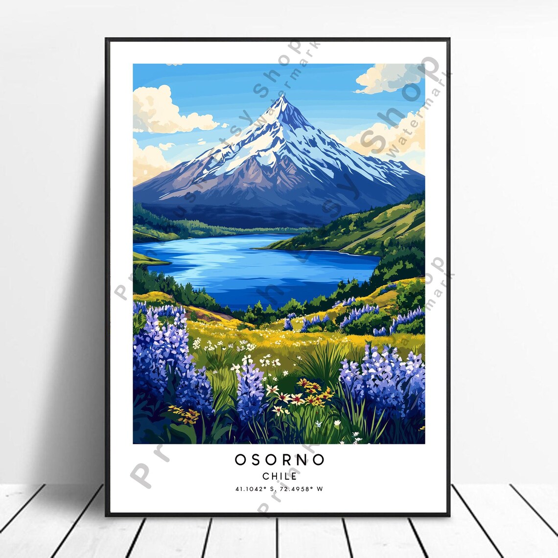 Osorno Volcano Chile Snow Capped Peak Lake Wildflowers Travel Poster