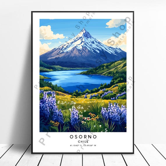 Osorno Volcano Print Colourful Poster Wall Art Llanquihue Lake Illustration Gift