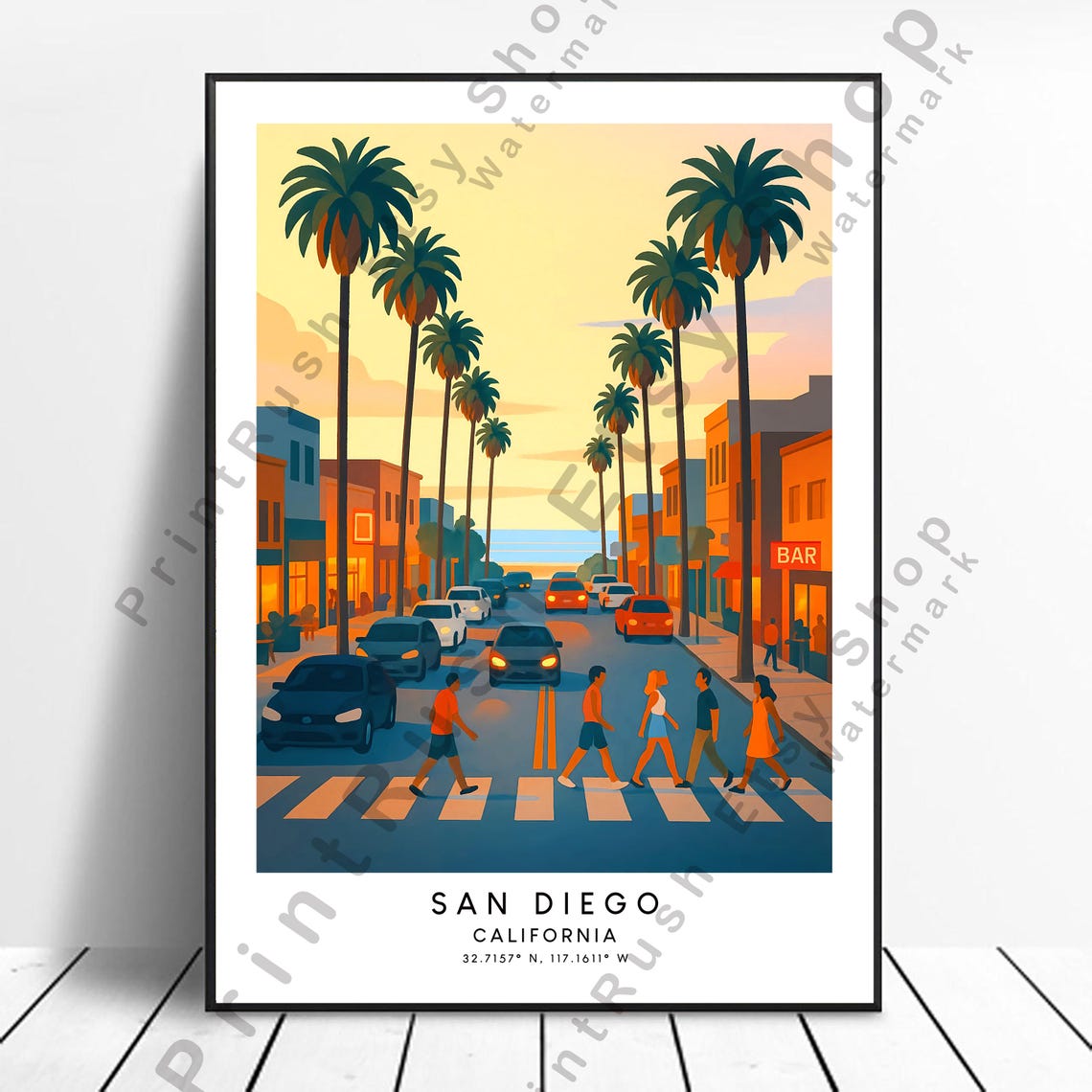 San Diego California Palm Street Beach City Retro Travel Poster