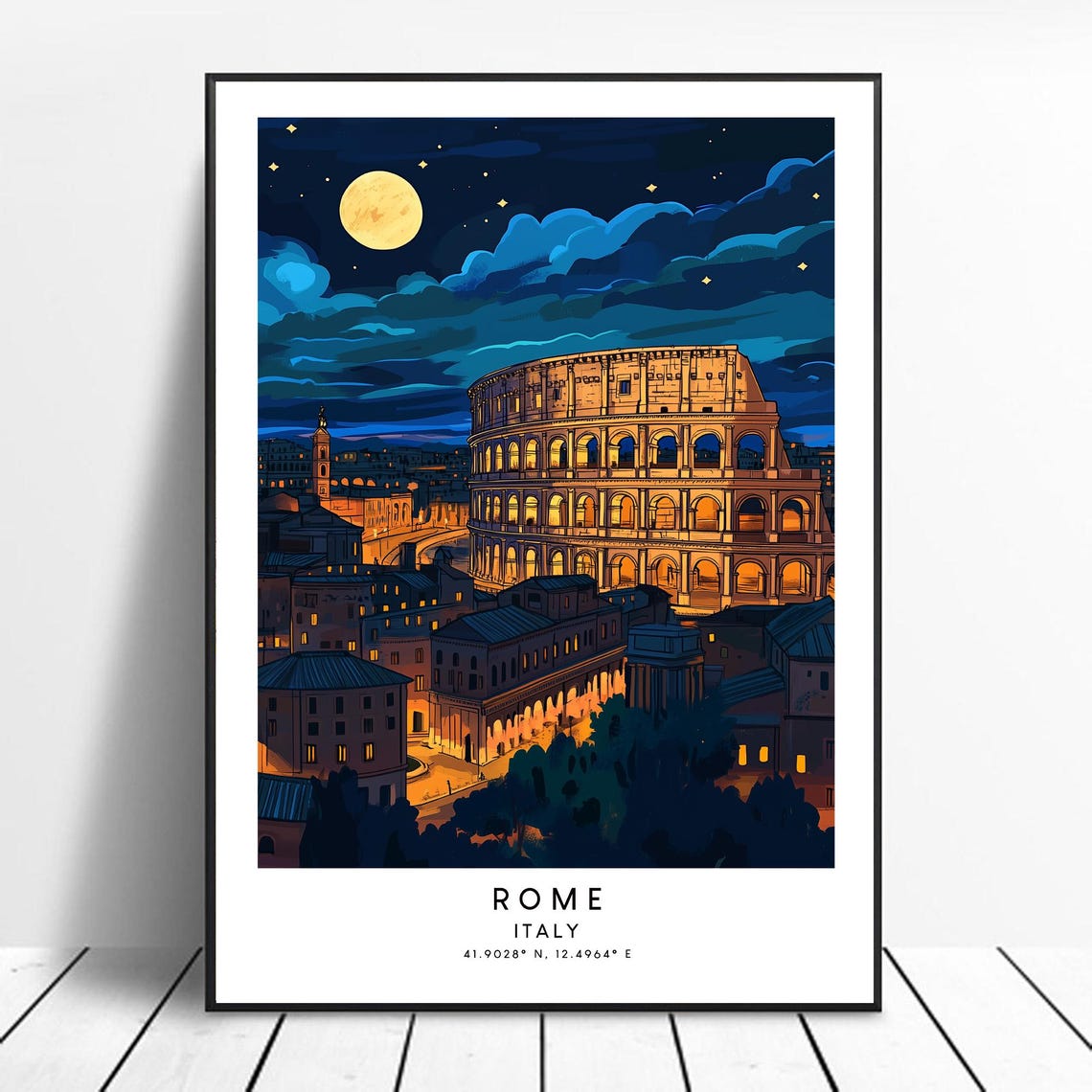 Rome Italy Night Colosseum Full Moon Coordinates Travel Poster