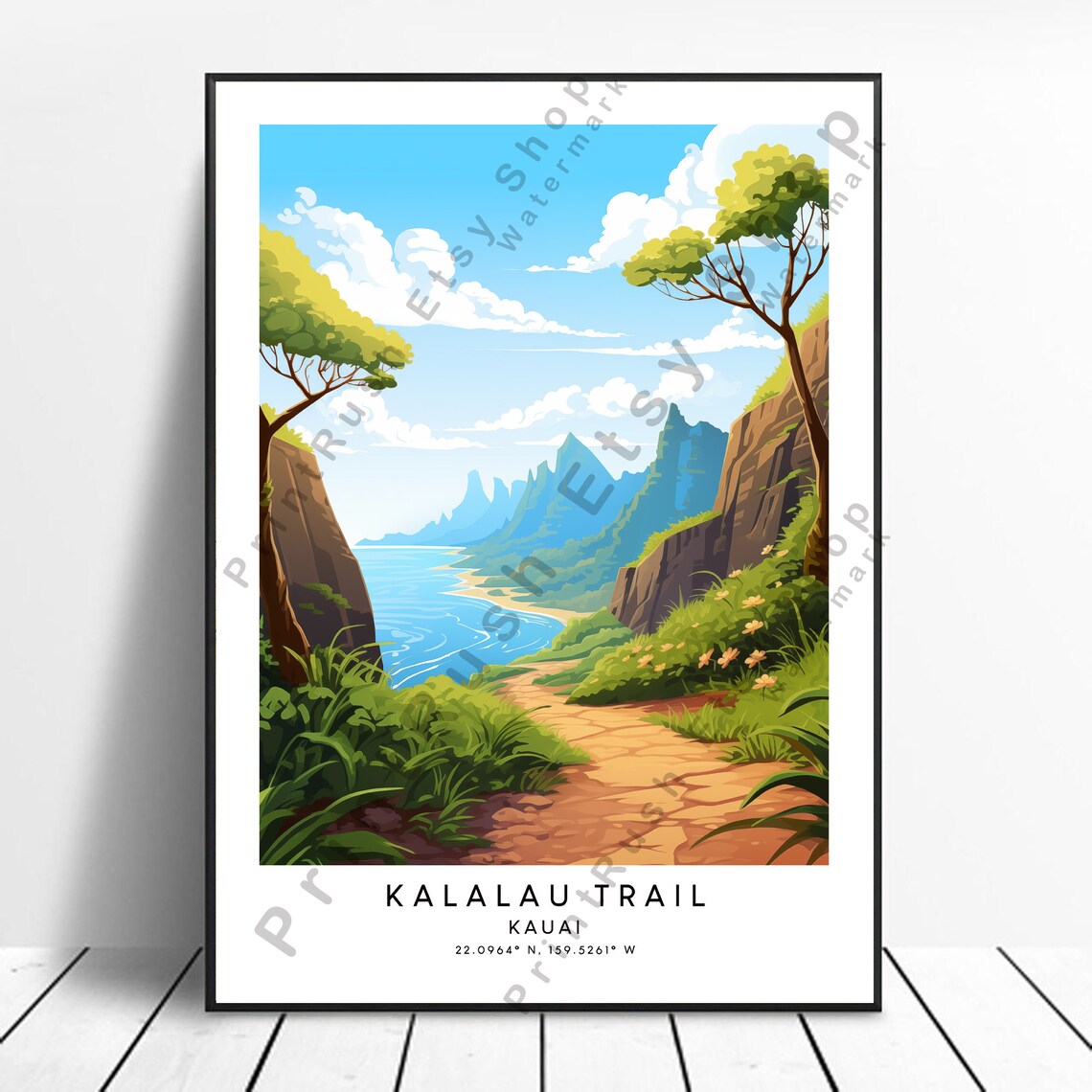 Kalalau Trail Kauai Hawaii Tropical Cliff Coast Hiking Travel Poster