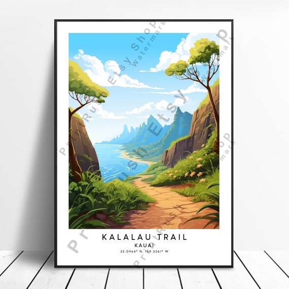Kalalau Trail Print Colourful Poster Na Pali Coast Wall Art Kauai Travel Hanging Gift