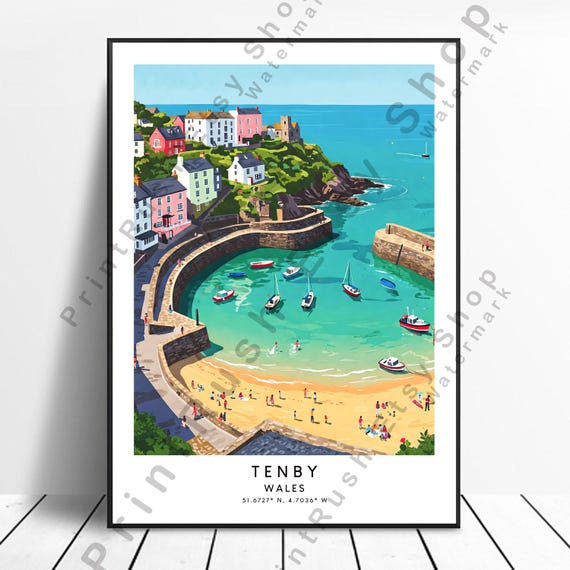 Tenby Illustration Art Print Wales Wall Dcor Travel Poster Home Hanging Gift