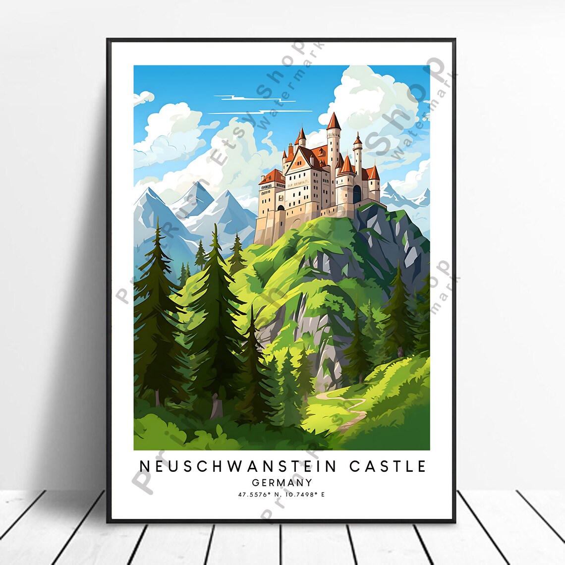 Germany Travel Print Colourful Neuschwanstein Castle Poster Abstract Minimalist Wall Art