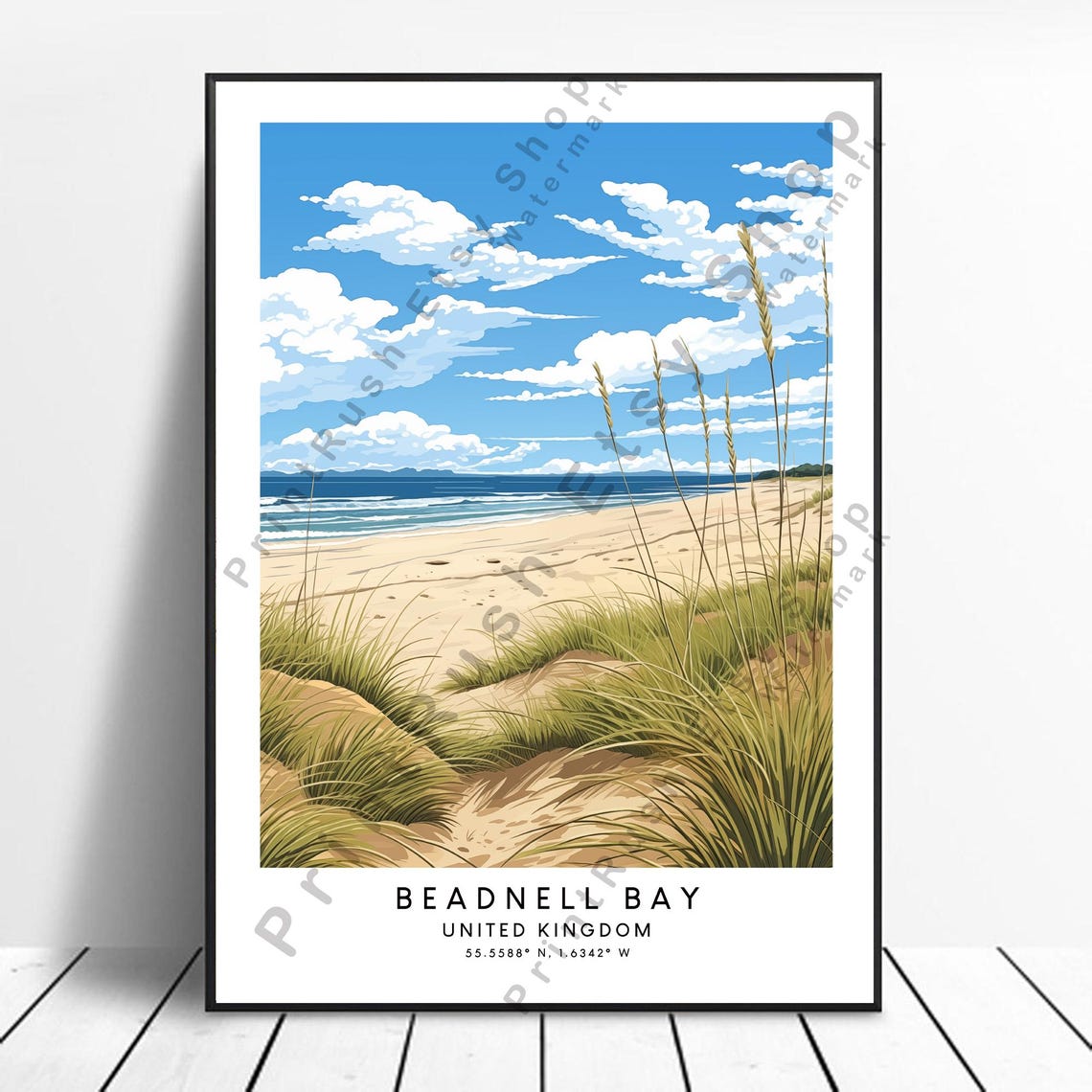 Beadnell Bay England Sandy Beach Dunes Sea Grass Travel Poster