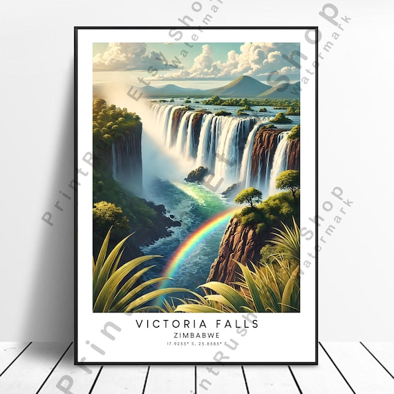 Victoria Falls Zimbabwe Travel Poster Rainbow Waterfall Illustration Art