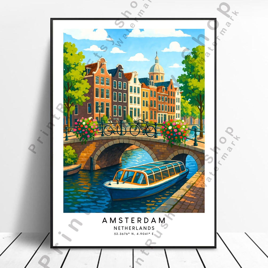 Amsterdam Netherlands Canal Bridge Bicycles Travel Illustration Poster