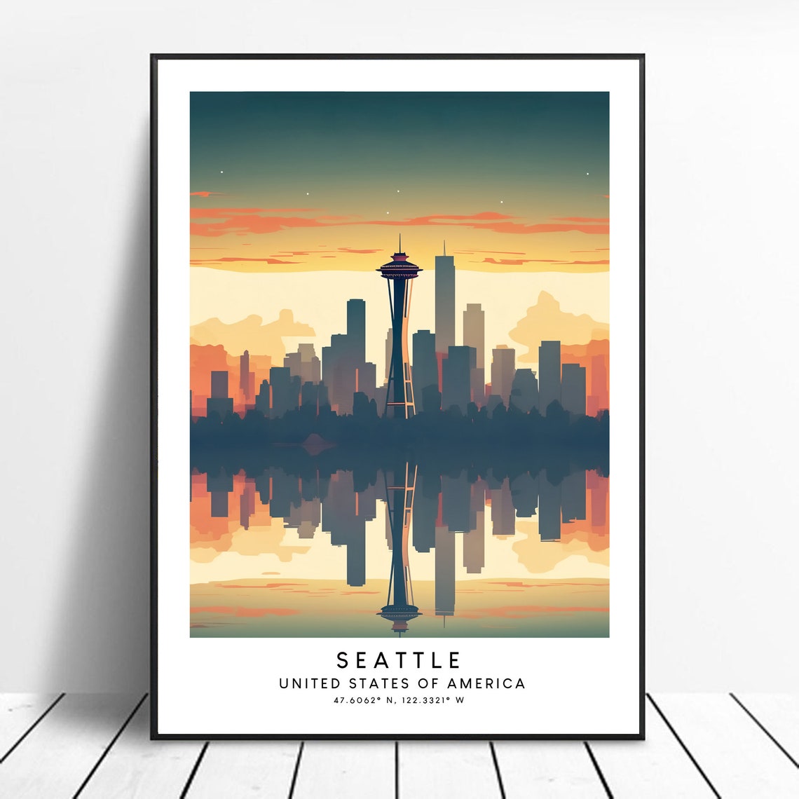 Seattle Skyline Space Needle Sunset Reflection Travel Poster