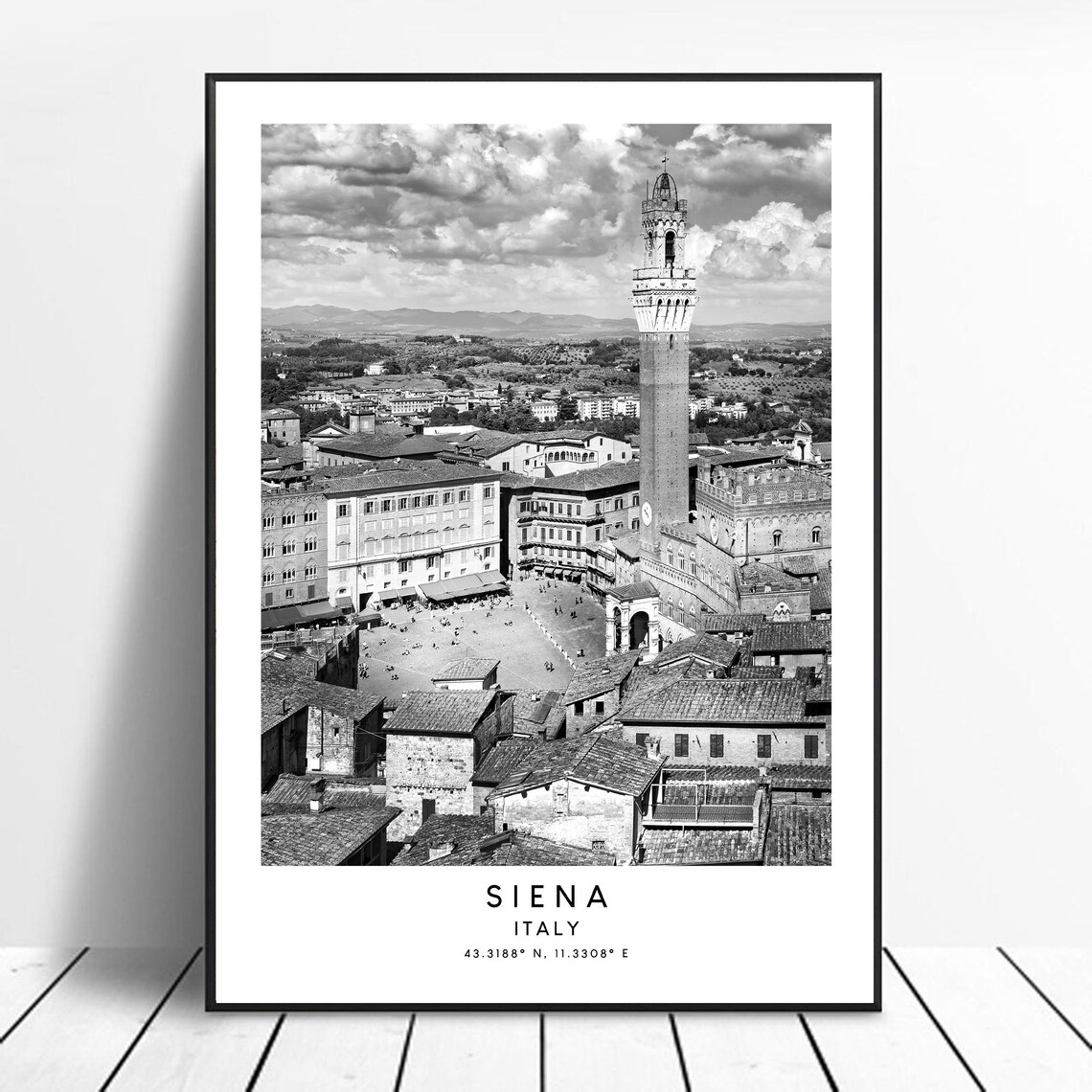 Siena Travel Poster, Black and White City Landmark