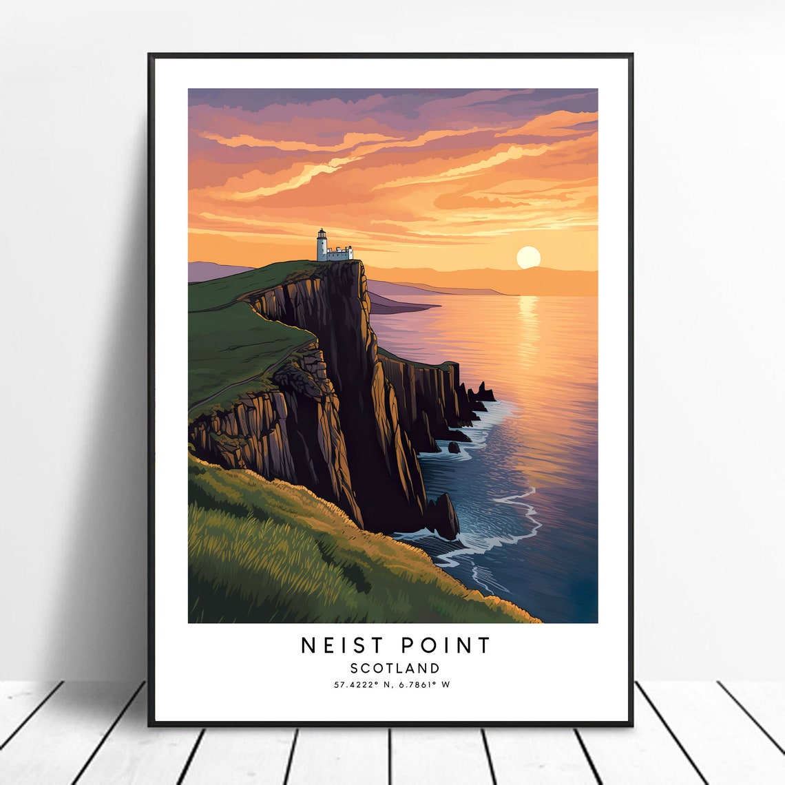 Neist Point Scotland Lighthouse Sunset Cliffs Coastal Travel Poster