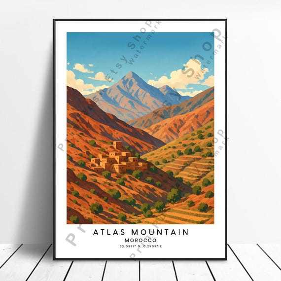 Atlas Mountain Travel Print Morocco Poster Colourful Illustration Art Decor Desert Landscape Artwork Wall Hanging Gift