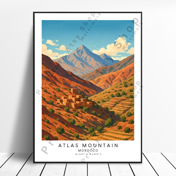 Atlas Mountains Morocco Berber Village Red Hills Travel Poster