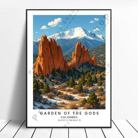 Garden of the Gods Colorado Red Rock Snowy Peak Travel Poster