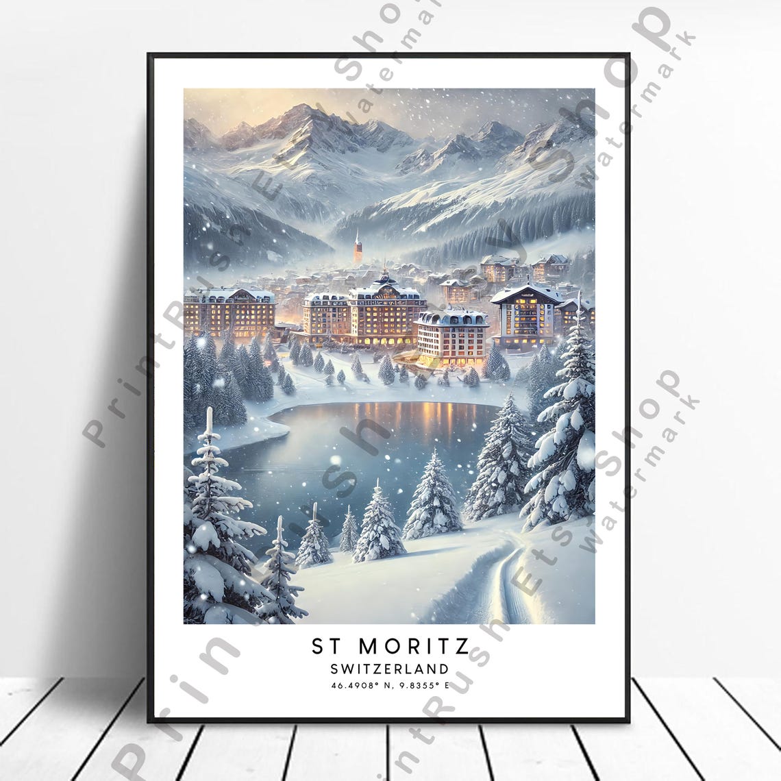 St Moritz Switzerland Winter Lake Village Morning Travel Poster