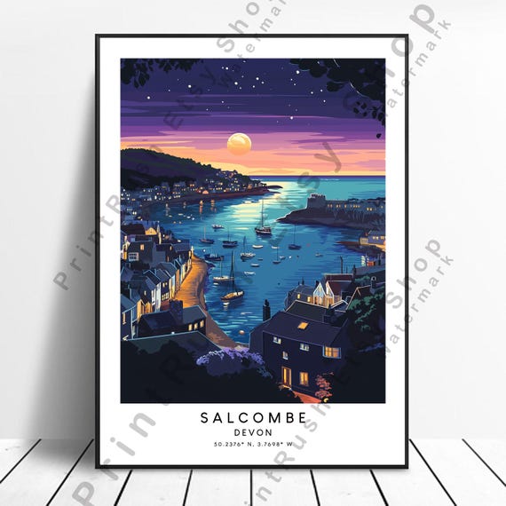 Salcombe Devon Illustration Art Night Harbour Coastal Decor Print Poster Wall Hanging Gift Uk
