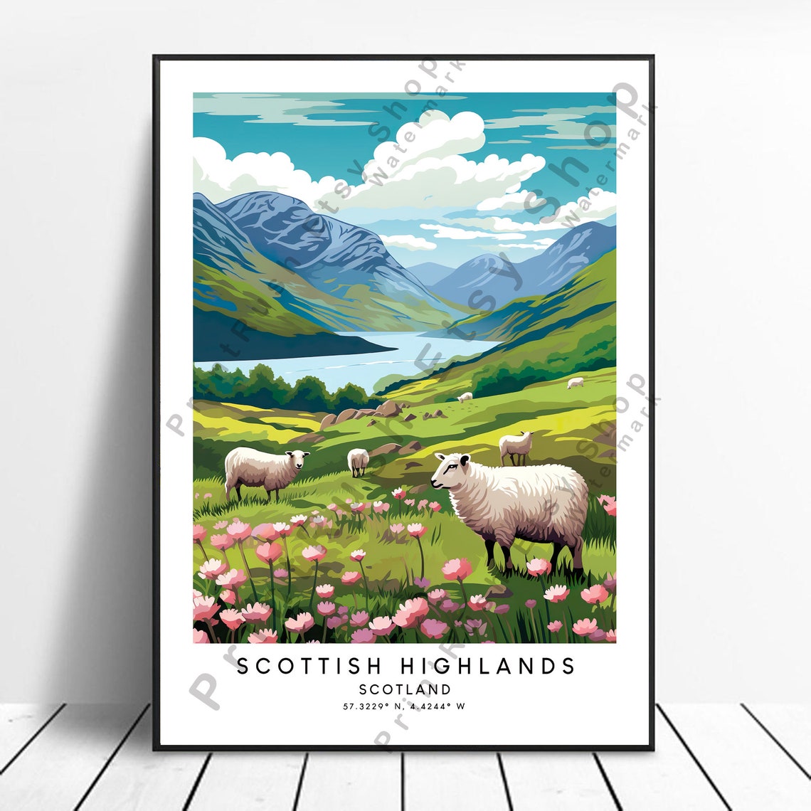 Scottish Highlands Sheep Pink Wildflower Meadow Mountain Poster