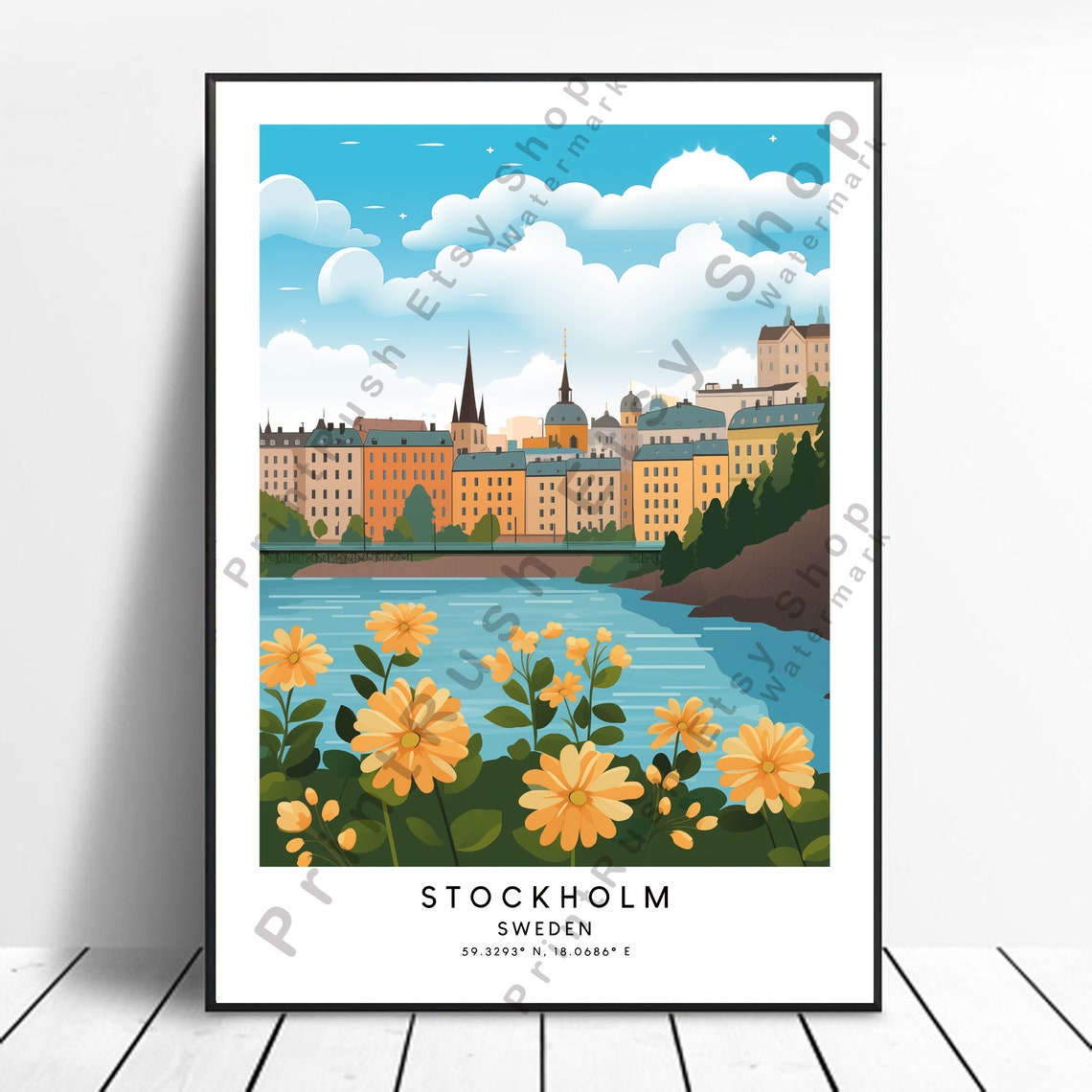 Stockholm Sweden Waterfront Skyline With Yellow Flowers Poster