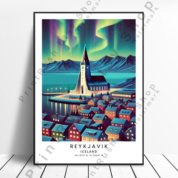 Reykjavik Iceland Poster Northern Lights Print Travel Aurora Illustration Art Wall Gift Deco