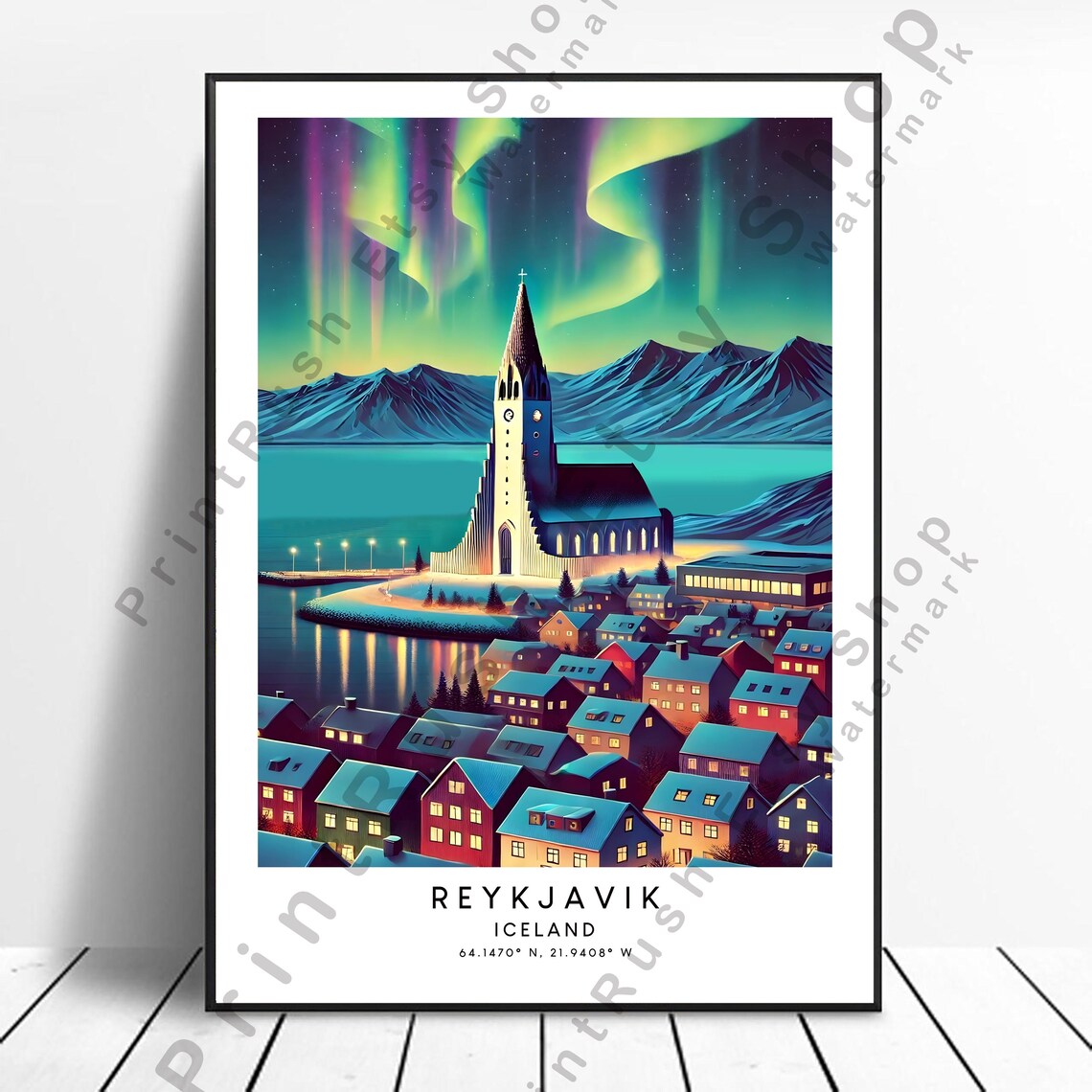Reykjavik Iceland Northern Lights Church Night Sky Travel Poster