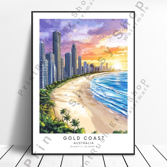 Gold Coast Beach Print Australia Travel Poster Coastal Wall Art Skyline Sunset City