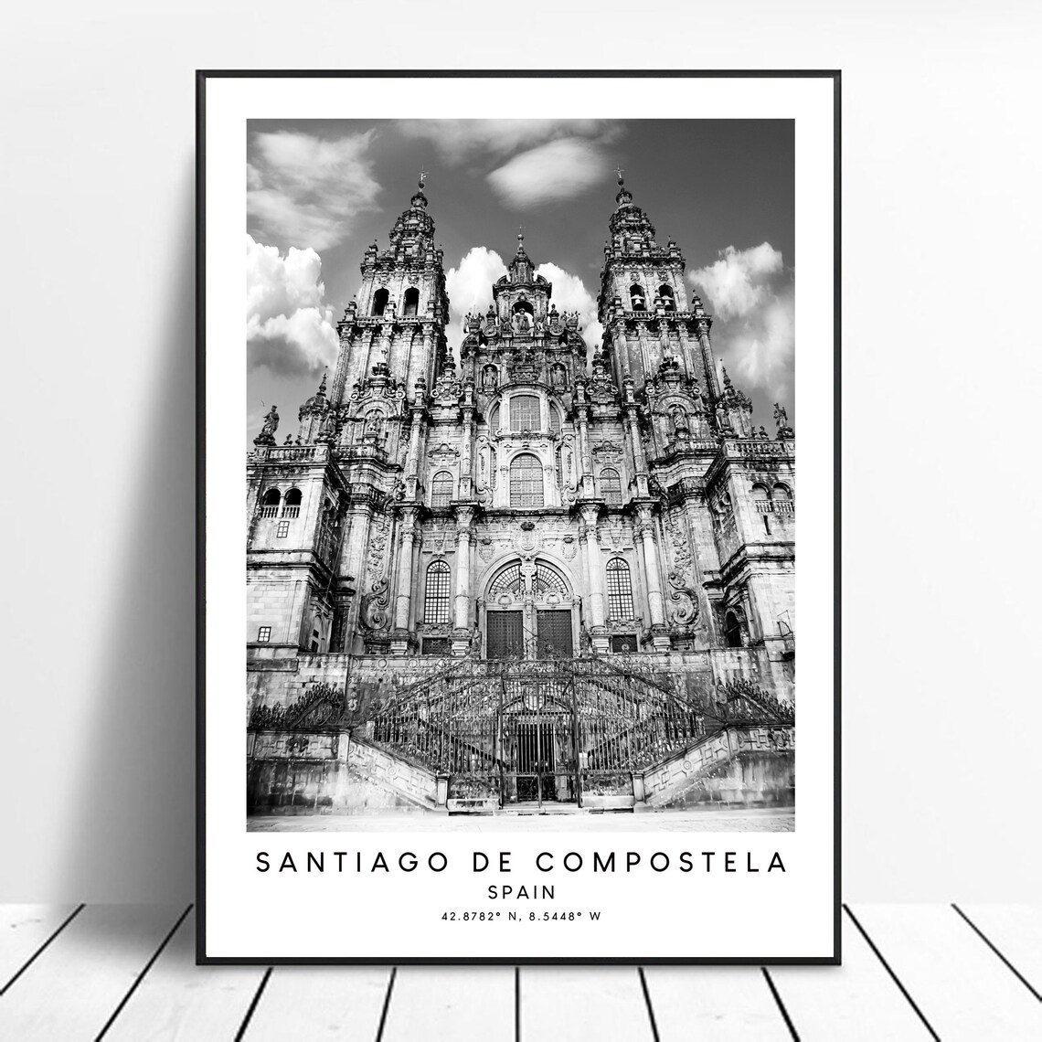Santiago De Compostela Minimalist Travel Poster, Black and White