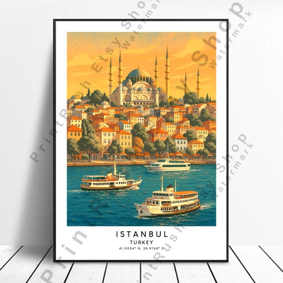 Istanbul Travel Print Wall Art Turkey Coastal Illustration Mosque Poster Dcor Sunset City