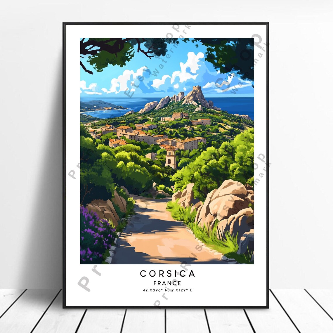 Corsica France Hilltop Village Coast Mediterranean Travel Poster