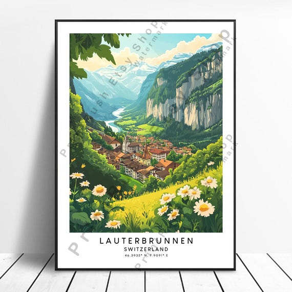 Switzerland Travel Print Colourful Lauterbrunnen Poster Wall Art Home Dcor Illustration