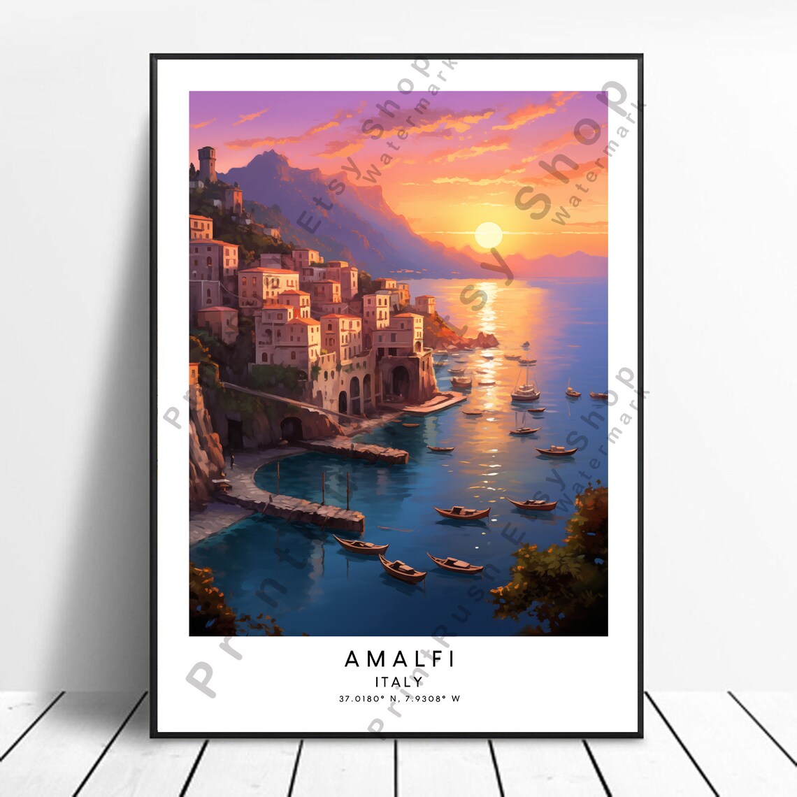 Amalfi Italy Travel Poster Coastal Sunset Boats Mediterranean