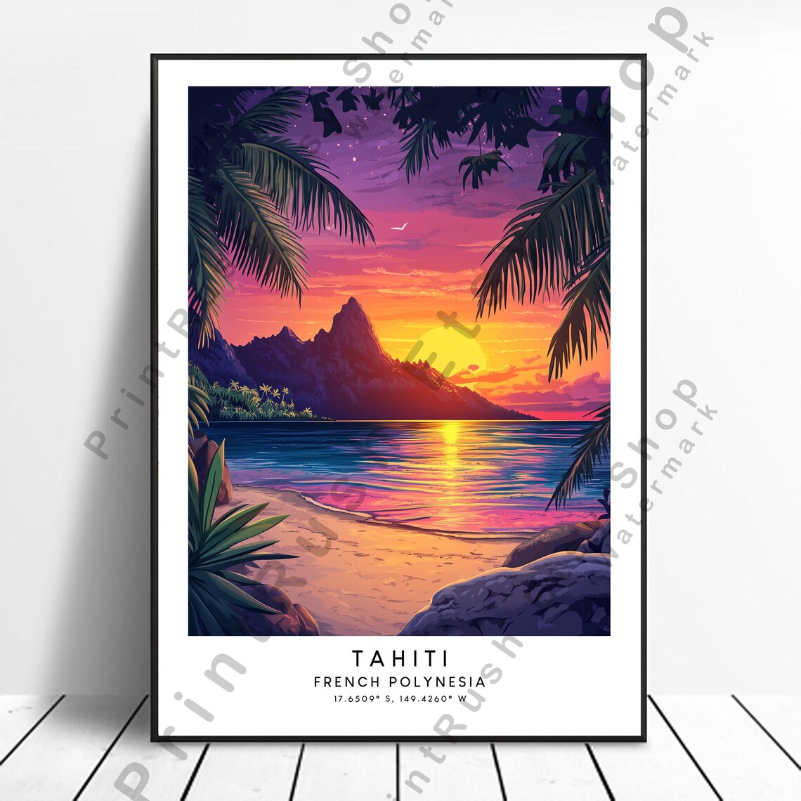 Tahiti French Polynesia Sunset Beach Island Paradise Travel Poster