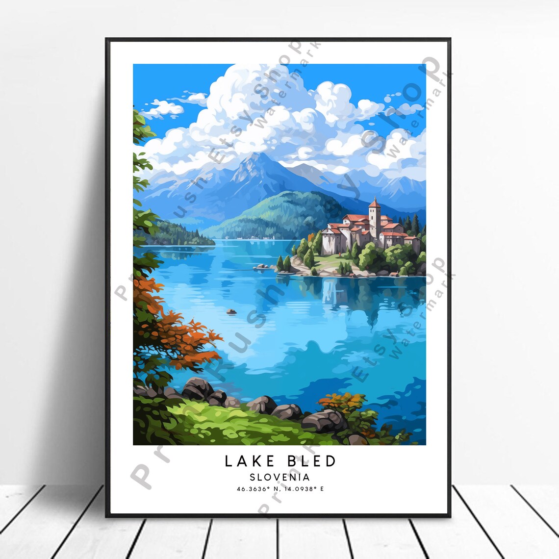 Lake Bled Slovenia Travel Poster With Alpine Lake And Island Church