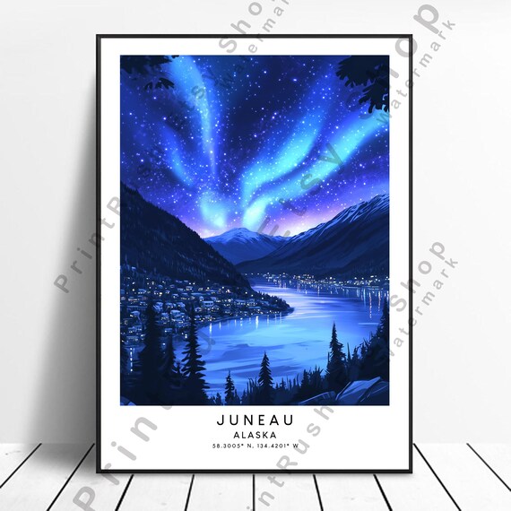 Juneau Alaska Northern Lights Harbor Town Starry Night Travel Poster