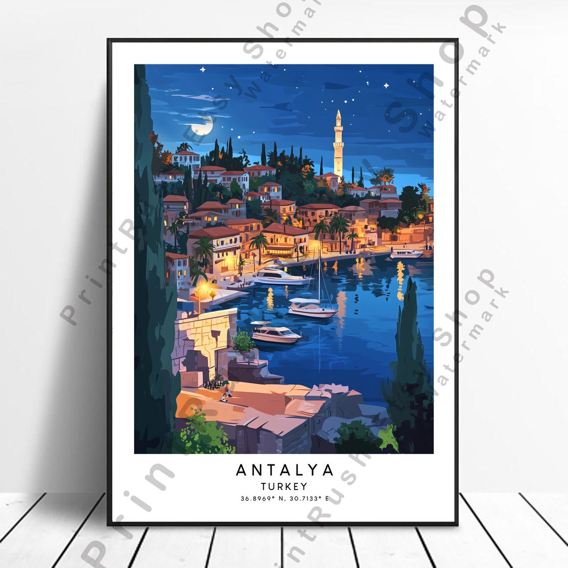 Antalya Turkey Night Harbor Moonlit Boats Minaret Coastal Poster