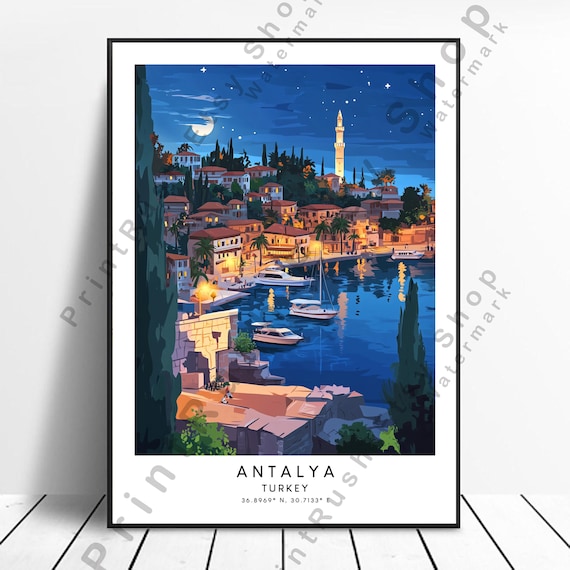 Antalya Turkey Night Harbor Wall Art Mediterranean Cityscape Poster Print Coastal Travel Home Decor Gift