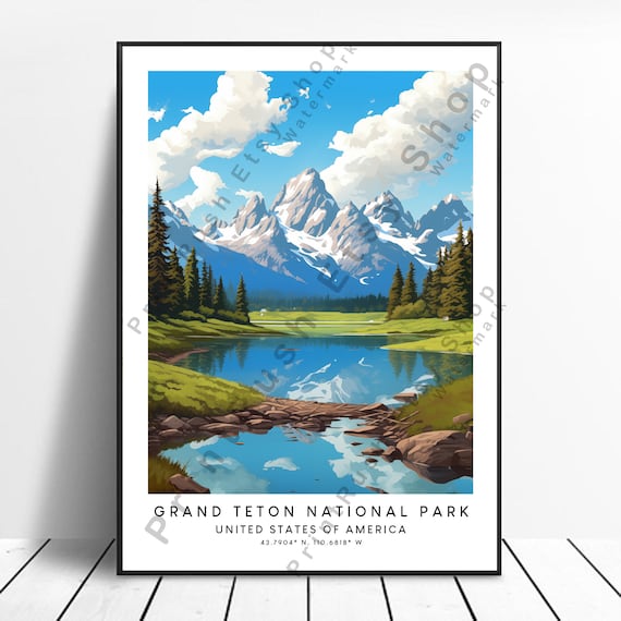 Grand Teton National Park Snowy Peaks Lake Reflection Travel Poster