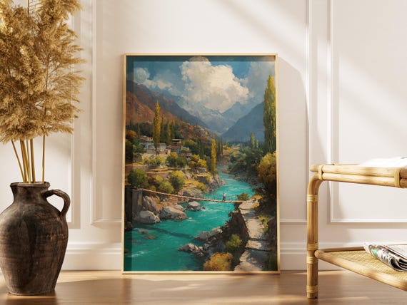 Pakistan Soq Valley Art Print Turquoise River Mountain Village Suspension Bridge Landscape Painting