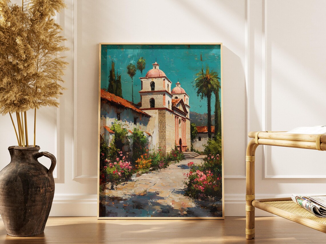 Santa Barbara Mission Spanish Colonial Church Garden Painting Art Print