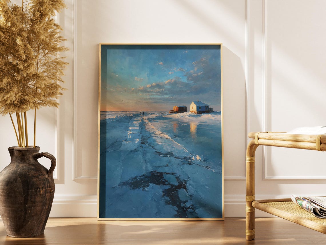 Frozen Lake Winter Sunset Ice Houses Blue Landscape Painting Poster
