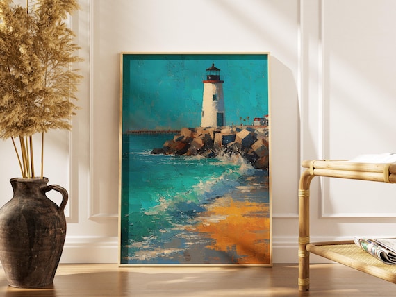 Santa Cruz Lighthouse Rocky Jetty Turquoise Waves Coastal Art Print