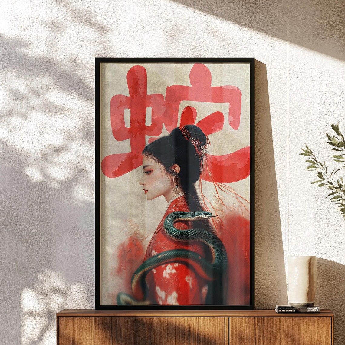 Year Of The Snake Woman In Red Robe With Green Snake Art Print