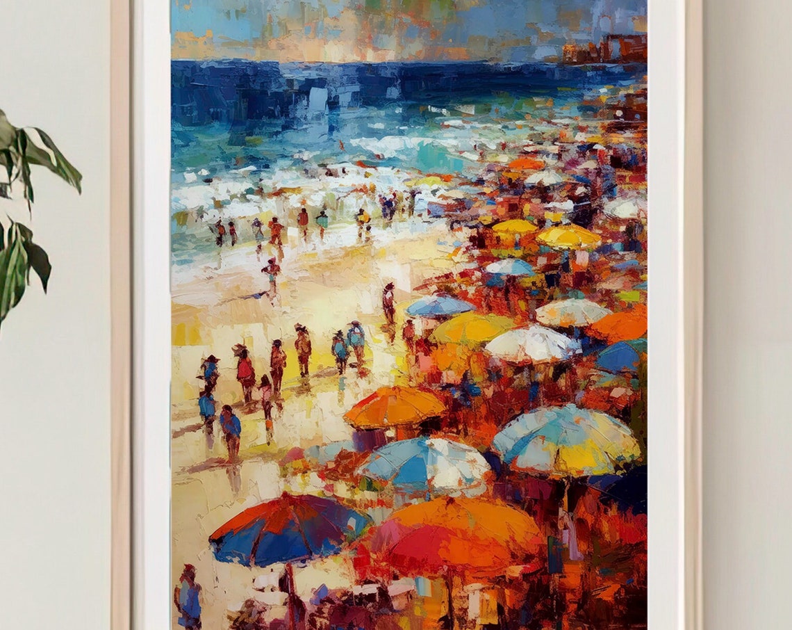 Impressionist Crowded Beach Umbrellas Summer Scene Art Poster