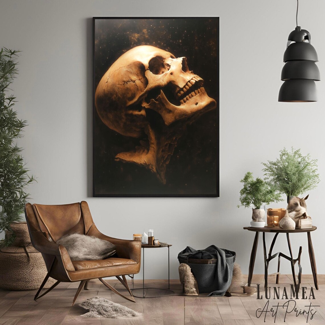 Dark Skull on Starry Night Gothic Skull Painting Moody Academia Wall Art - Image 2