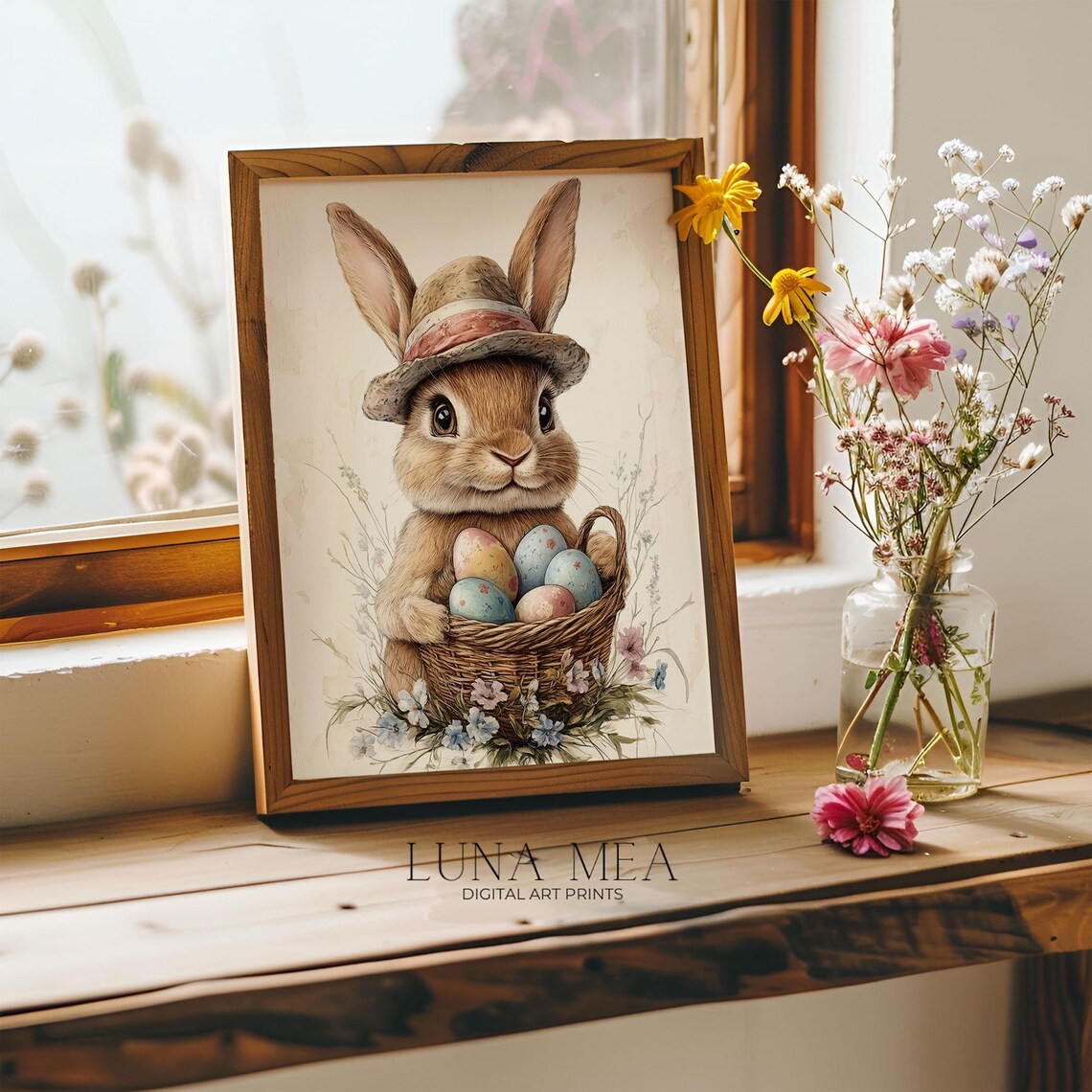 Cute Vintage Bunny In Hat Holding Easter Egg Basket Spring Rabbit Art Poster - Image 2